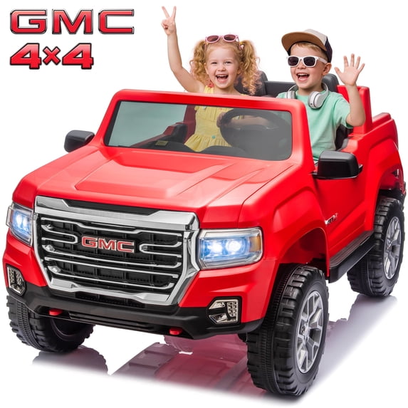 Joyracer 2 Seater 24 Volt Ride on Toys, Licensed GMC 4WD/2WD Switchable Ride on Car for Big Kids with Remote, Bluetooth, Fold Down Tailgate, Rear Storage, Red