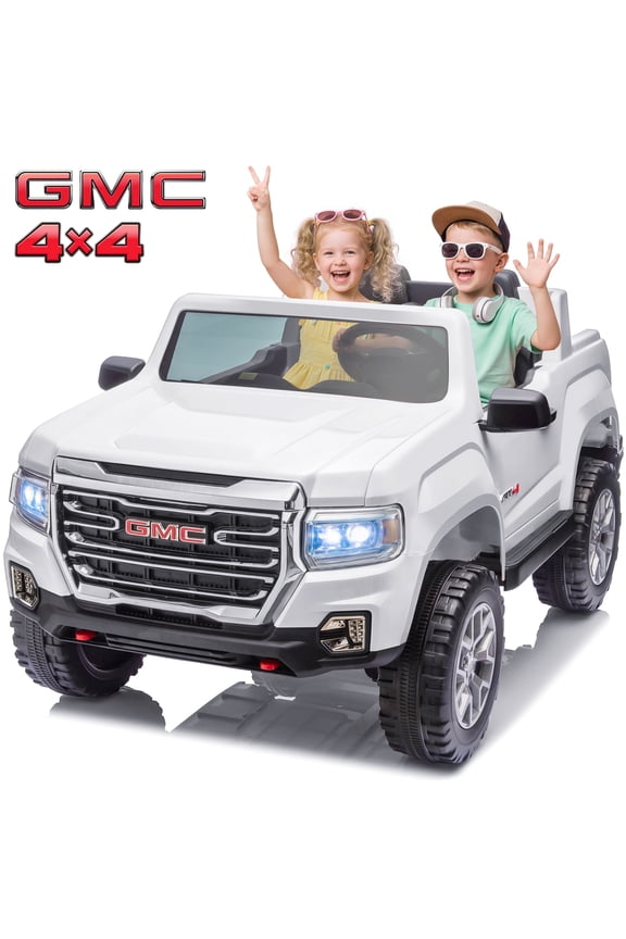 2 Seater 24 Volt Ride on Toys, Licensed GMC 4WD/2WD Switchable Ride on Car for Big Kids with Remote, Bluetooth, Fold Down Tailgate, Rear Storage, White