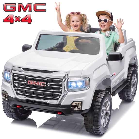 Joyracer 2 Seater 24 Volt Ride on Toys, Licensed GMC 4WD/2WD Switchable Ride on Car for Big Kids with Remote, Bluetooth, Fold Down Tailgate, Rear Storage, White