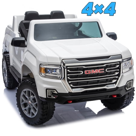 Joyracer 2 Seater 24 Volt Ride on Toys, Licensed GMC 4WD/2WD Switchable Ride on Car for Big Kids with Remote, Bluetooth, Fold Down Tailgate, Rear Storage, White