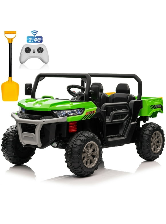 Joyracer 2 Seater 24 Volt Ride on UTV with Remote Control, 2x200W Ride on Dump Truck Car, Electric Battery Powered Ride on Toys with Trailer & Shovel, Horn, MP3, Bluetooth Music, Big Kids, Green