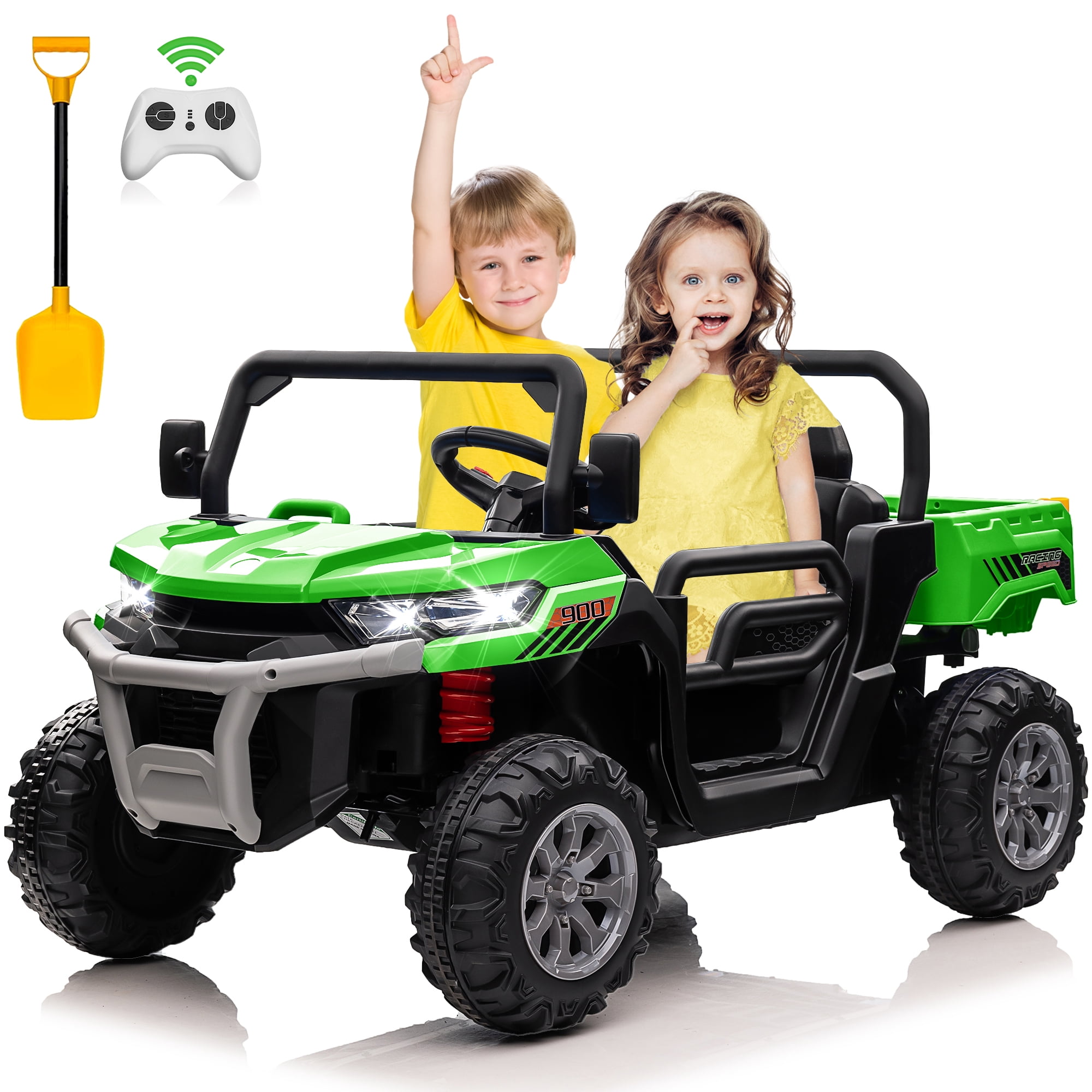 Joyracer 24V Ride on Toys UTV with Remote Control, 2 Seater Ride on Dump Truck, 2x200W Electric Powered 4-Wheeler Toys with Trailer & Shovel, MP3/Bluetooth Music, Big Kids, Green