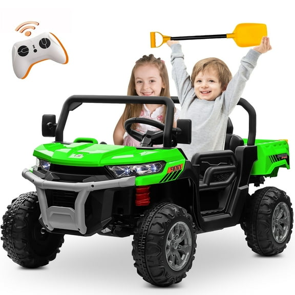 Joyracer 24 Volt Ride on Toys with Remote Control, 4WD 2-Seater Battery Powered Tractor Wheeler Electric Car for Toddlers, Motorized Vehicle w/ Tippable Trailer, Music - Green