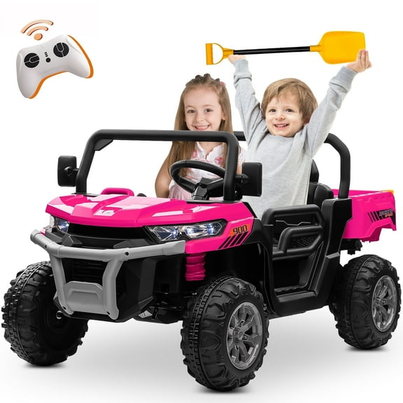 Joyracer 24 Volt Ride on Toys with Remote Control, 4WD 2-Seater Battery Powered Tractor Wheeler Electric Car for Toddlers, Motorized Vehicle w/ Tippable Trailer, Music - Pink
