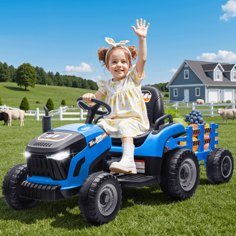 Joyracer 24 Volt Ride on Toys, Ride on Tractor w/ Tiltable & Detachable Trailer, 2x200W Power Car Wheels for Kids, Remote Control, Bluetooth, Shifter, Music, Blue