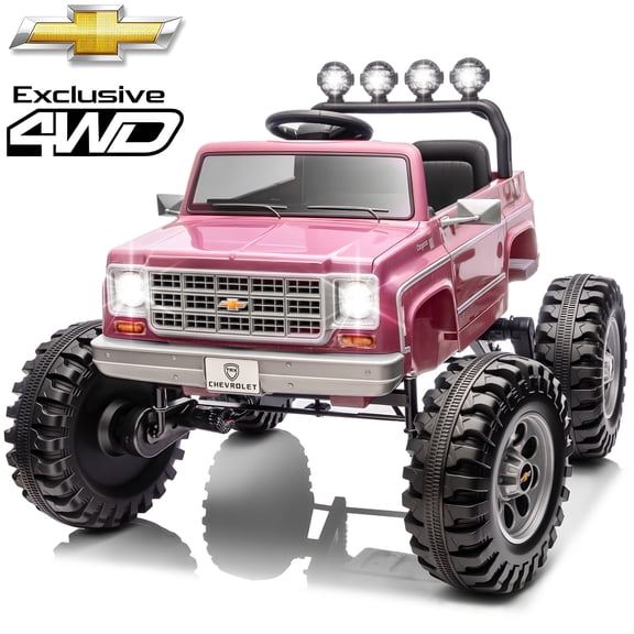 Chevrolet Cheyenne 4WD 24 Volt Ride on Toys, Joyracer Electric Car for Kids, Power Truck Wheels with Remote, Bluetooth, USB, LED Lights, Pink