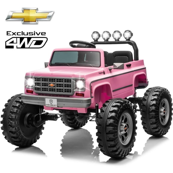 Chevrolet Cheyenne 24 Volt Ride on Toys, Joyracer 4WD Electric Car for Kids, Power Truck Wheels with Remote, Bluetooth Music, USB, LED Lights, Pink