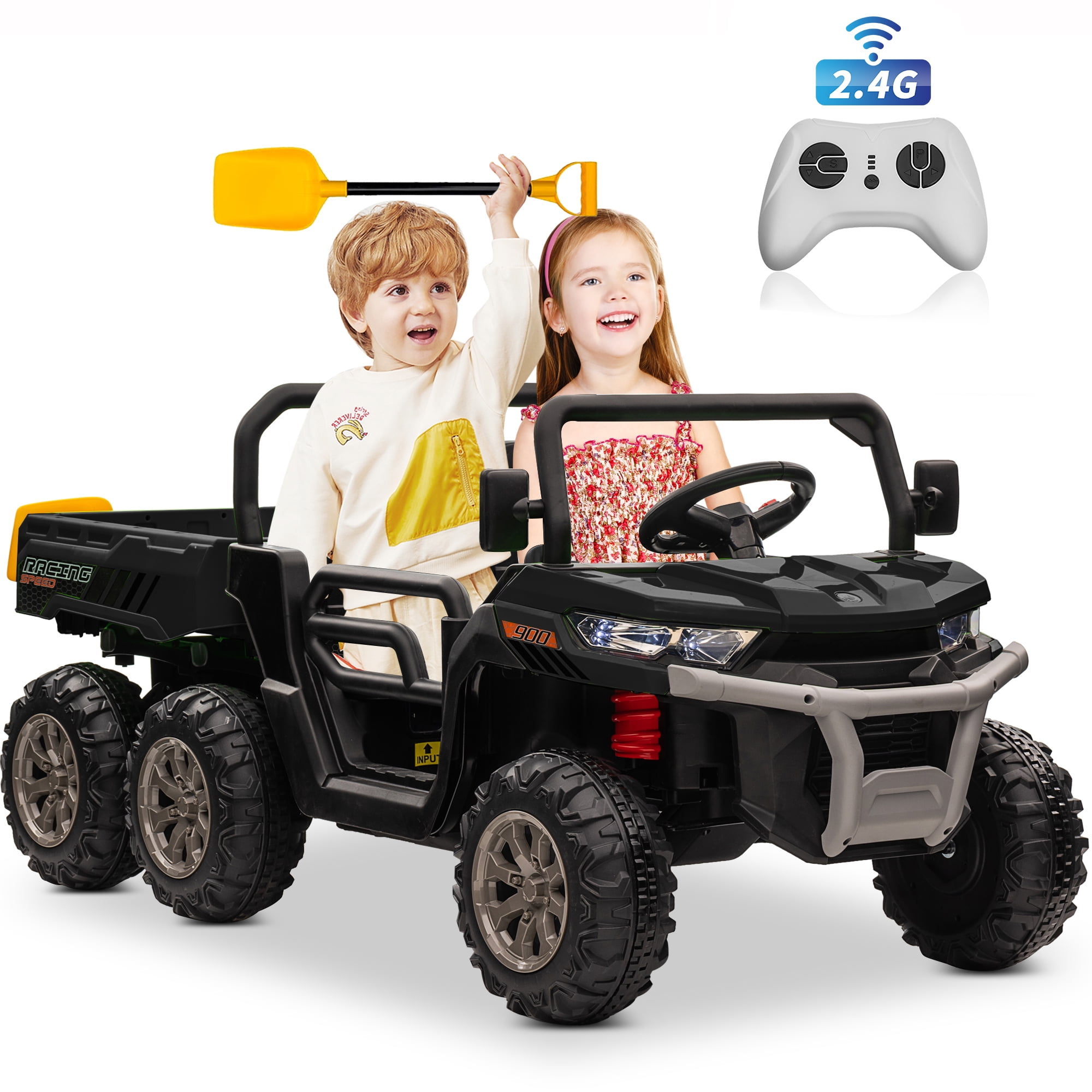 Joyracer 24 Volt Ride on Toys 2 Seater with Remote Control, 7AH Ride on Dump Truck w/ Tipping Bucket Trailer, Shovel, 3 Speeds,LED Lights, MP3/USB Music for Big Kid, Yellow