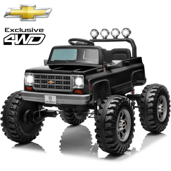 Chevrolet Cheyenne 24 Volt Ride on Toys, Joyracer 4WD Electric Car for Kids, Power Truck Wheels with Remote, Bluetooth Music, USB, LED Lights, Black