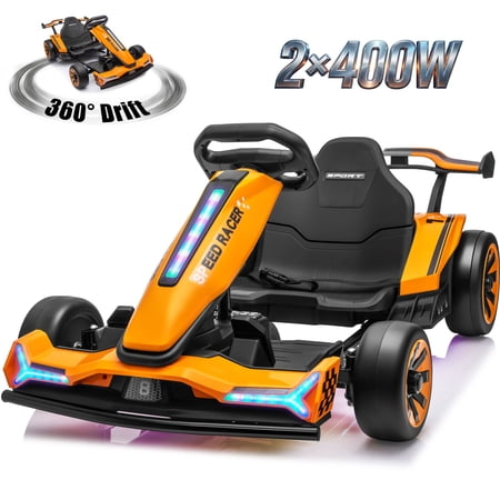 Joyracer 24V Go Kart for Kids 6-12, 2x400W Motors Electric Drift Car with Adjustable Length, 360°Drift Mode, 6.5 MPH High Speed Racing Car, Bluetooth Music, Orange