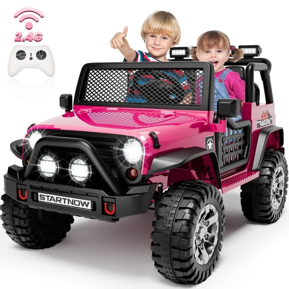 Joyracer 24V 2 Seater Kids Ride on Truck with Remote Control, 4×200W Motor, Electric Battery Powered Toys Car w/ 4 Wheels Spring Suspension, 3 Speeds, LED Lights, Bluetooth Music, Rose Pink