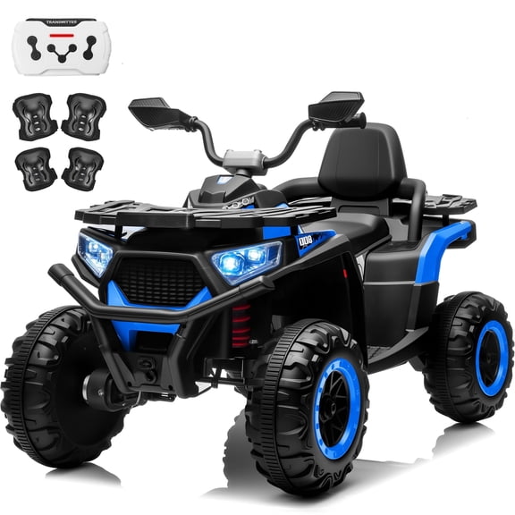 Joyracer 24V 4x4 Kids ATV Electric 4-Wheeler with Leather 2-Seater, 24 Volt Ride on Toys for Big Kids w/ Kneepads, 4x200W Motors, Bluetooth Music, Blue