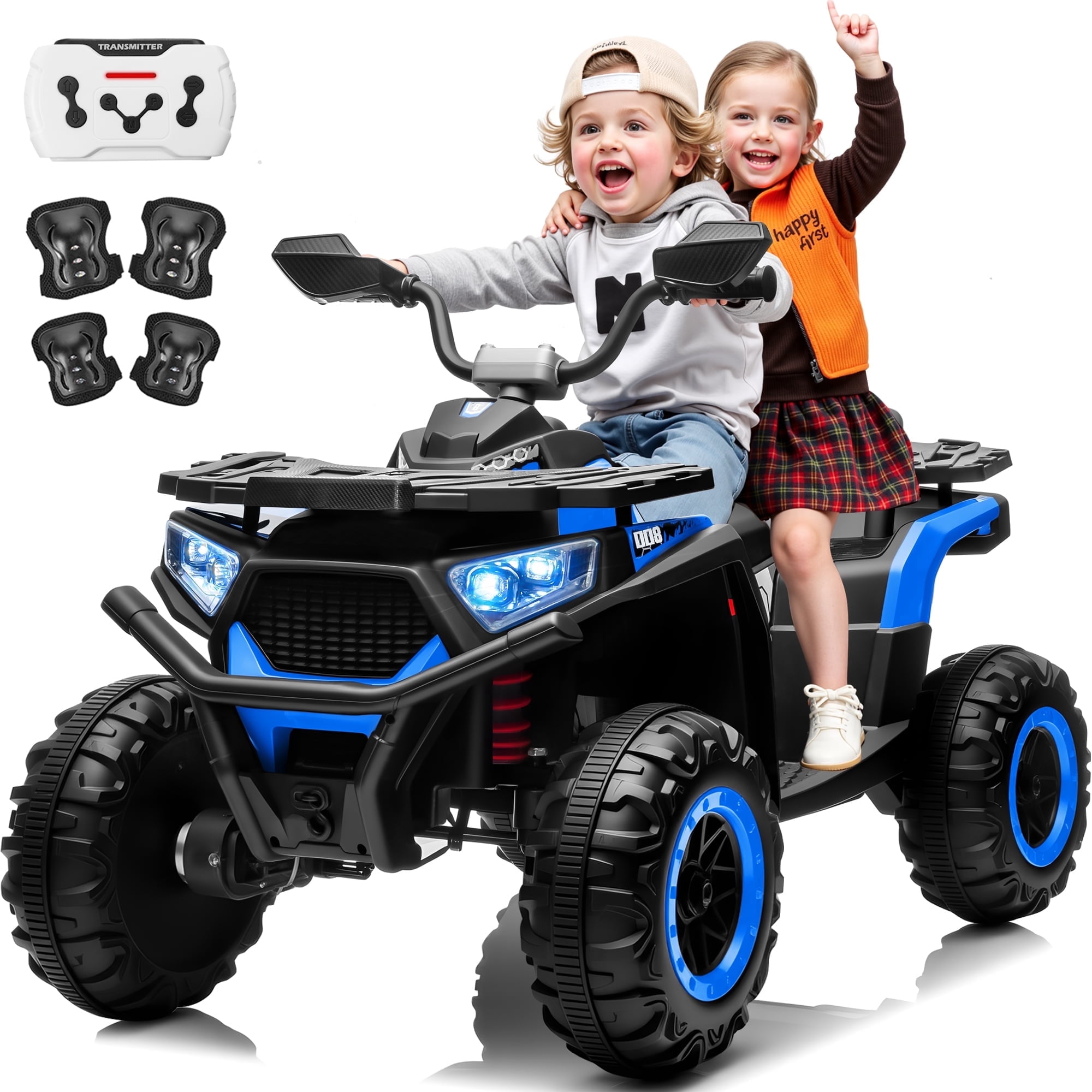 Joyracer 24V 4x4 Kids ATV Electric 4-Wheeler with Leather 2-Seater, 24 Volt Ride on Toys for Big Kids w/ Kneepads, 4x200W Motors, Bluetooth Music, Blue