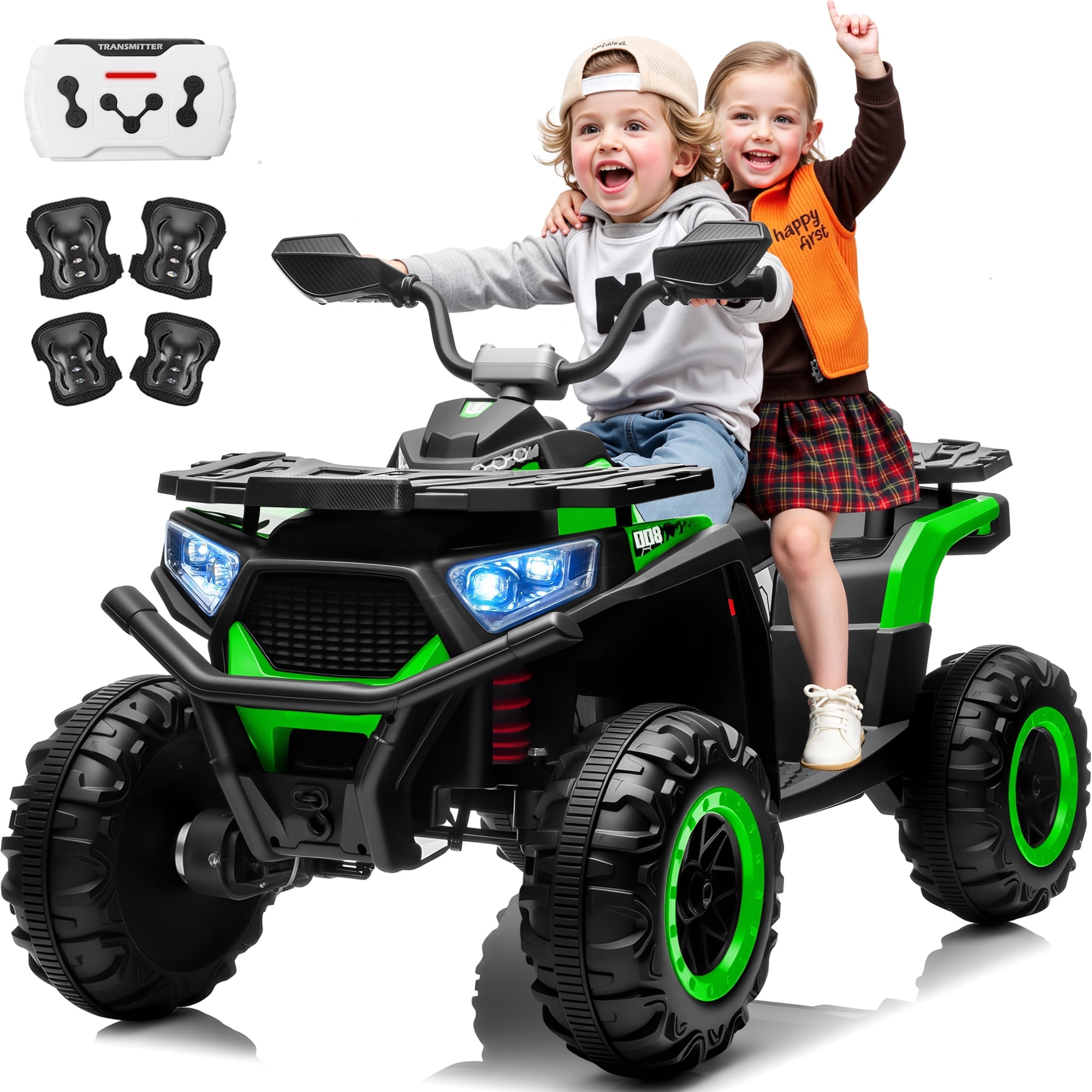 Joyracer 24V 4x4 Kids ATV Electric 4-Wheeler with Leather 2-Seater, 24 Volt Ride on Toys for Big Kids w/ Kneepads, 4x200W Motors, Bluetooth Music, Green