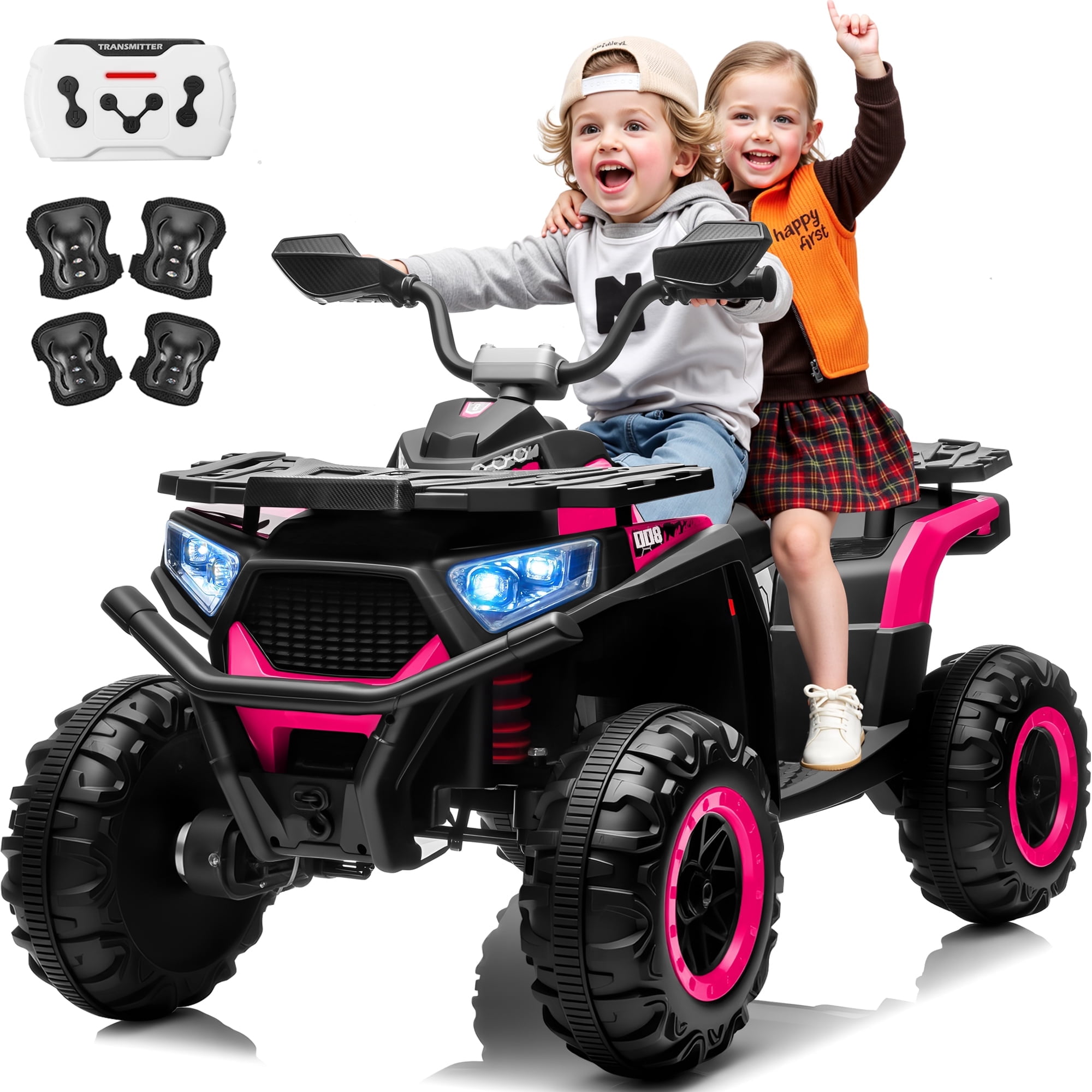 Joyracer 800W 4WD 24V Kids ATV w/ Remote Control 2 Seater 24 Volt Ride on Toys for Toddlers Power Car Wheels w/ Kneepads, Bluetooth Music, Pink