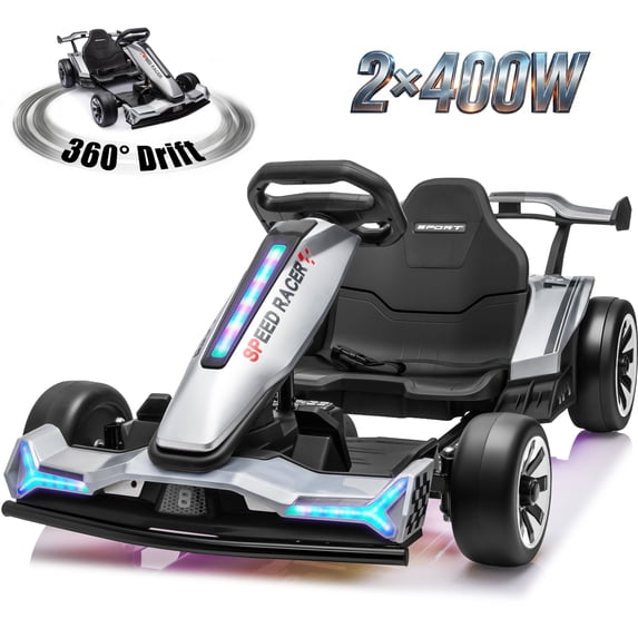 Joyracer 24V Go Kart for Kids 6-12, 2x400W Motors Electric Drift Car with Adjustable Length, 360° Drift Mode, 6.5 MPH High Speed Racing Car, Bluetooth Music,Silver Gray