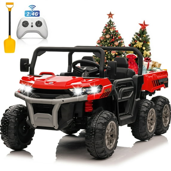 Joyracer 24V Kids Ride on Toys with Remote Control, 2 Seater 800W Ride on Dump Truck, Electric Powered Ride on w/ Dump Bed, 3 Speeds, Shovel, Bluetooth/Music, Gift for Kids, Red