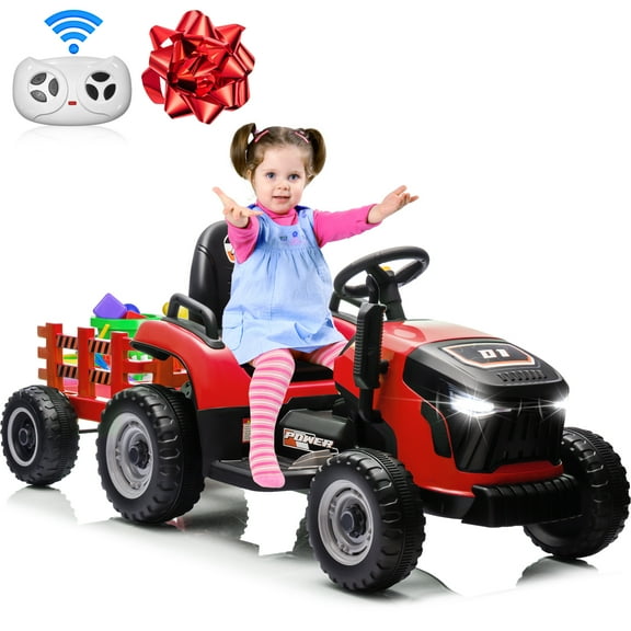 Joyracer 24V Kids Ride on Tractor with Remote Control, Dual Motors Electric Battery Powered Motorized Vehicle Power Car Wheels w/ Trailer, Bluetooth Music, Outdoor Toys, Red
