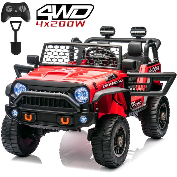 Joyracer 24V Ride on Toys Truck with Remote Control & 2 Seater, 4WD/2WD Switchable 800W Powered Ride on Car with Shovel Spring Suspension, 3 Speeds, Bluetooth Music, Red