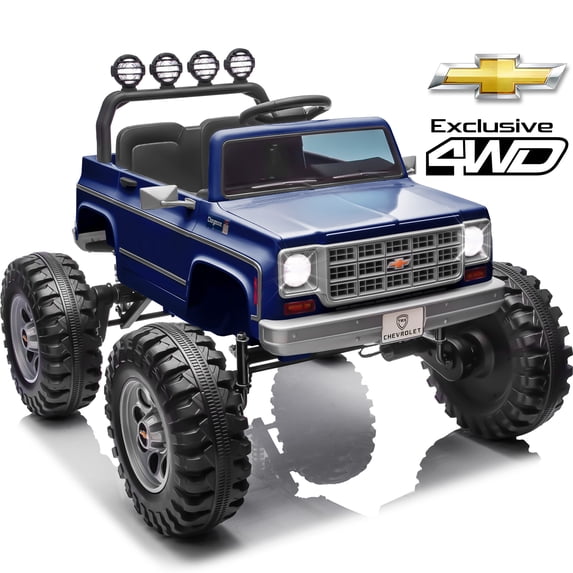 Joyracer Chevrolet Cheyenne 4WD 24V Ride Ons, Electric Cars for Kids, 2 Seater Power Truck Wheels, Toy Gift with Remote, Bluetooth, USB, LED Lights, Blue