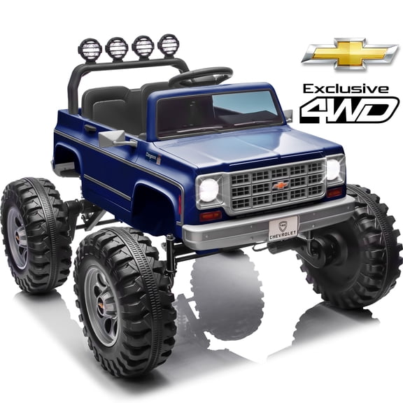 Joyracer Chevrolet Cheyenne 4WD 24V Ride Ons, Electric Cars for Kids, 2 Seater Power Truck Wheels, Toy Gift with Remote, Bluetooth, USB, LED Lights, Blue