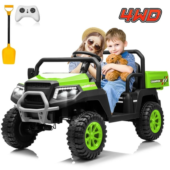 Joyracer 24V Ride on Toys 4WD 2 Seater Ride on Car Truck with Remote Control, Electric Car for Kids w/ Dump Bed/ Shovel, 4-Wheeler Spring Suspension, Music,Green