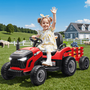 Joyracer 24 Volt Ride on Toys, Ride on Tractor w/ Tiltable & Detachable Trailer, 2x200W Power Car Wheels for Kids, Remote Control, Bluetooth, Shifter, Music, Red