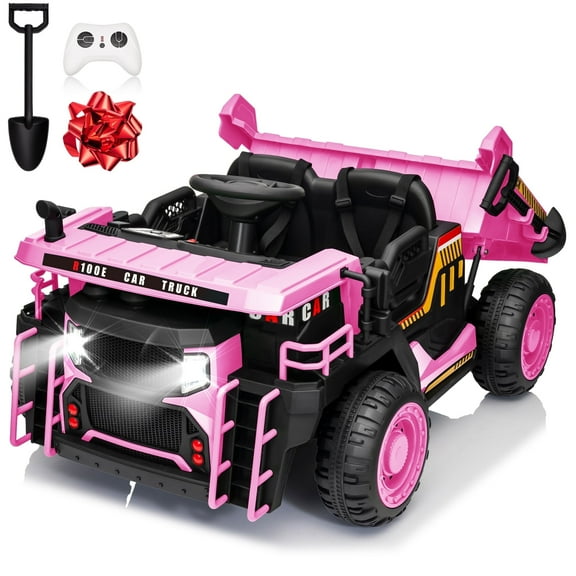 Joyracer 24V Ride on Toys w/ Remote Control, 2 Seater 400W Ride on Dump Truck, Electric Powered Ride on w/ Dump Bed, 3 Speeds, Shovel, Bluetooth/Music, Gift for Kids, Pink