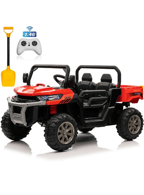 Joyracer 24V Ride on UTV with Remote Control, 2 Seater Ride on Dump Truck Car w/ 2x200W Motor, Electric Battery Powered Ride on Toys with Trailer & Shovel, Horn, MP3, Bluetooth Music for Big Kids, Red