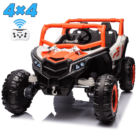 Joyracer 4WD 24 Volt Ride on Toys, Electric Car for kids, 2 Seater UTV with 800W Motors, Remote Control, Bluetooth, Spring Suspension, LED Light, Orange