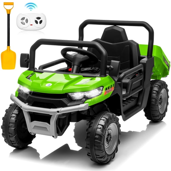 Joyracer 24V Ride on Dump Truck, Power Car Wheels with Electric Dump Bed, Remote Control, Music, Shovel, Bluetooth, Holiday Gift for Toddlers, Green