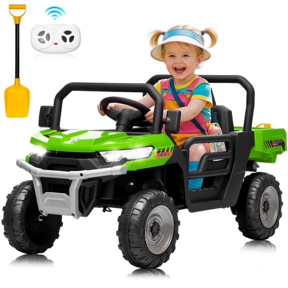 Joyracer 24V Ride on Dump Truck, Power Car Wheels with Electric Dump Bed, Remote Control, Music, Shovel, Bluetooth, Holiday Gift for Toddlers, Green