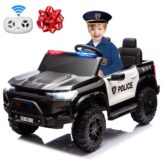 Joyracer 24V Ride-on Toys w/ Remote Control, 2-Seater Battery Powered Ride on Truck, Electric Police Car for Kids, Interphone, Siren Sound, Lights, Music, Gift, Black