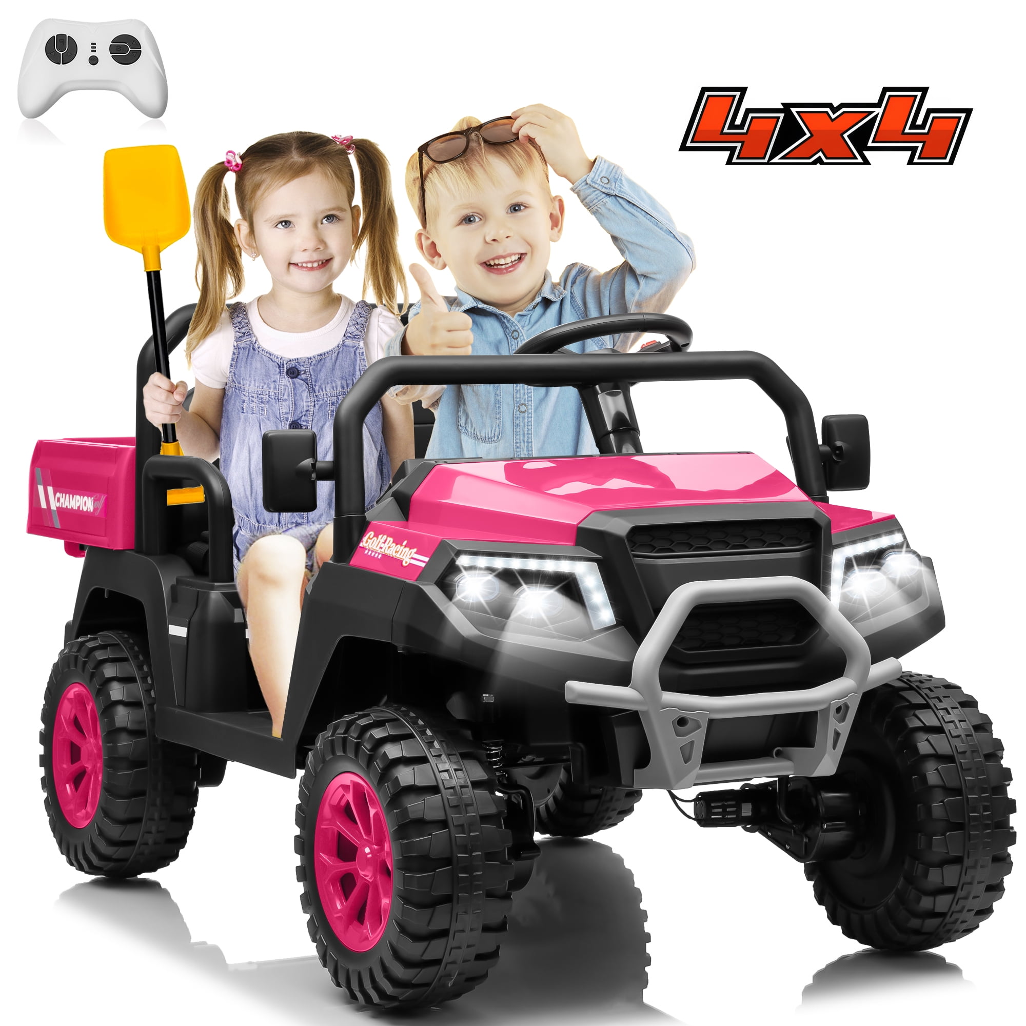 Joyracer 4WD 24 Volt Ride on Toy Truck with 2 Seater Remote Control & 800W Power Motors, Kids Ride on Car w/ 4 Wheels Spring Suspension, 3 Speeds, Bluetooth Music, Shovel, Pink
