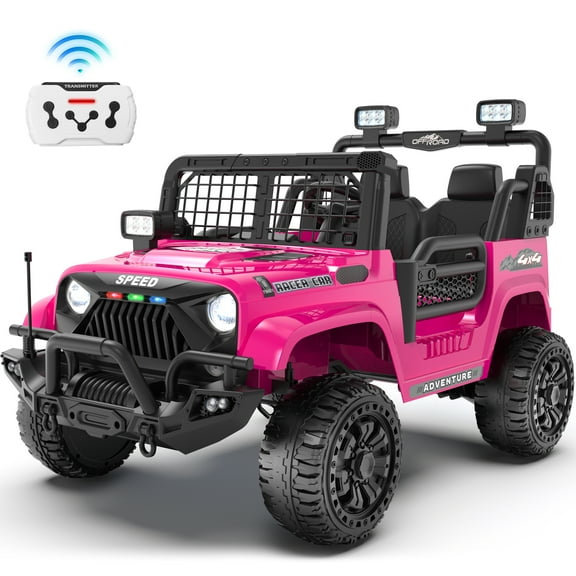 Joyracer 4WD 24 Volt Ride on Toy Truck with 2 Seater Remote Control & 800W Power Motors, Kids Ride on Car w/ 4 Wheels Spring Suspension, 3 Speeds, Bluetooth Music, Shovel, Pink