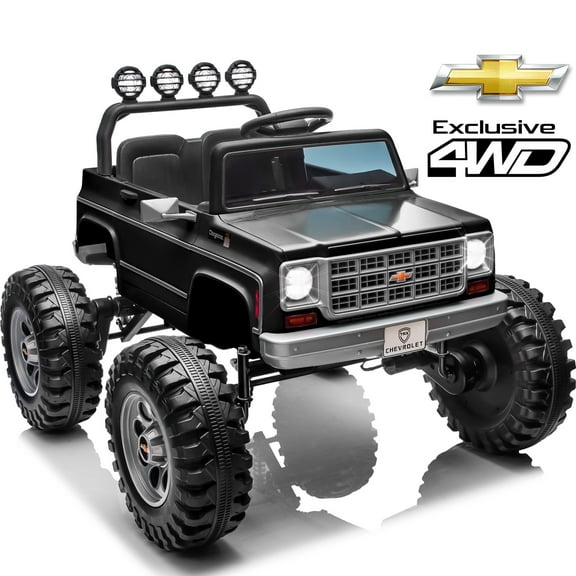 Joyracer Chevrolet Cheyenne 24 Volt Ride on Truck, 4WD Electric Car for Kids, Power Car Wheels with Remote, Bluetooth Music, USB, LED Lights, Black