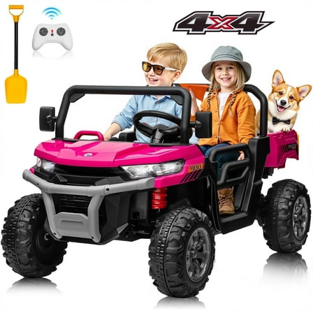 Joyracer 4WD 24 Volt Ride on Toys, 800W Ride on Truck for Kids, 2 Seater Power Car Wheels w/ Dump Bed & Shovel, Ride on UTV w/Remote Control, Bluetooth, LED Lights, Pink
