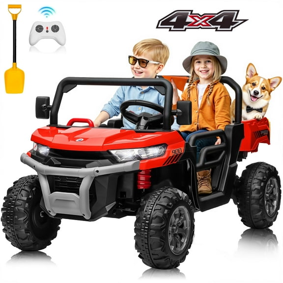 Joyracer 4WD 24 Volt Ride on Toys, 800W Ride on Truck for Kids, 2 Seater Power Car Wheels w/ Dump Bed & Shovel, Ride on UTV w/Remote Control, Bluetooth, LED Lights, Red