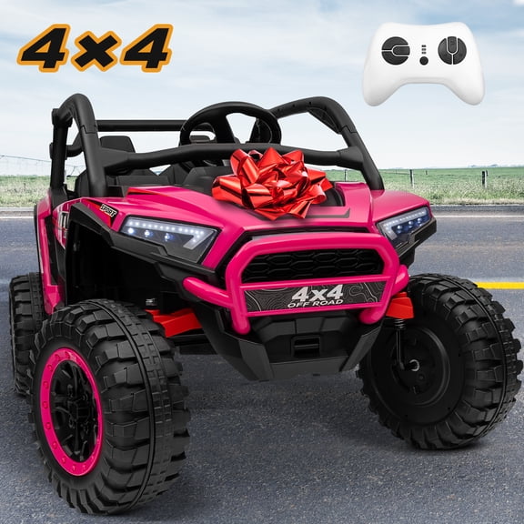 Joyracer 4WD 24 Volt Ride on Toys UTV with 2 Seater & Remote Control, Kids Powered Vehicles w/ 4x100W Motors, 4 Wheels Spring Suspension, Bluetooth USB Music, Pink