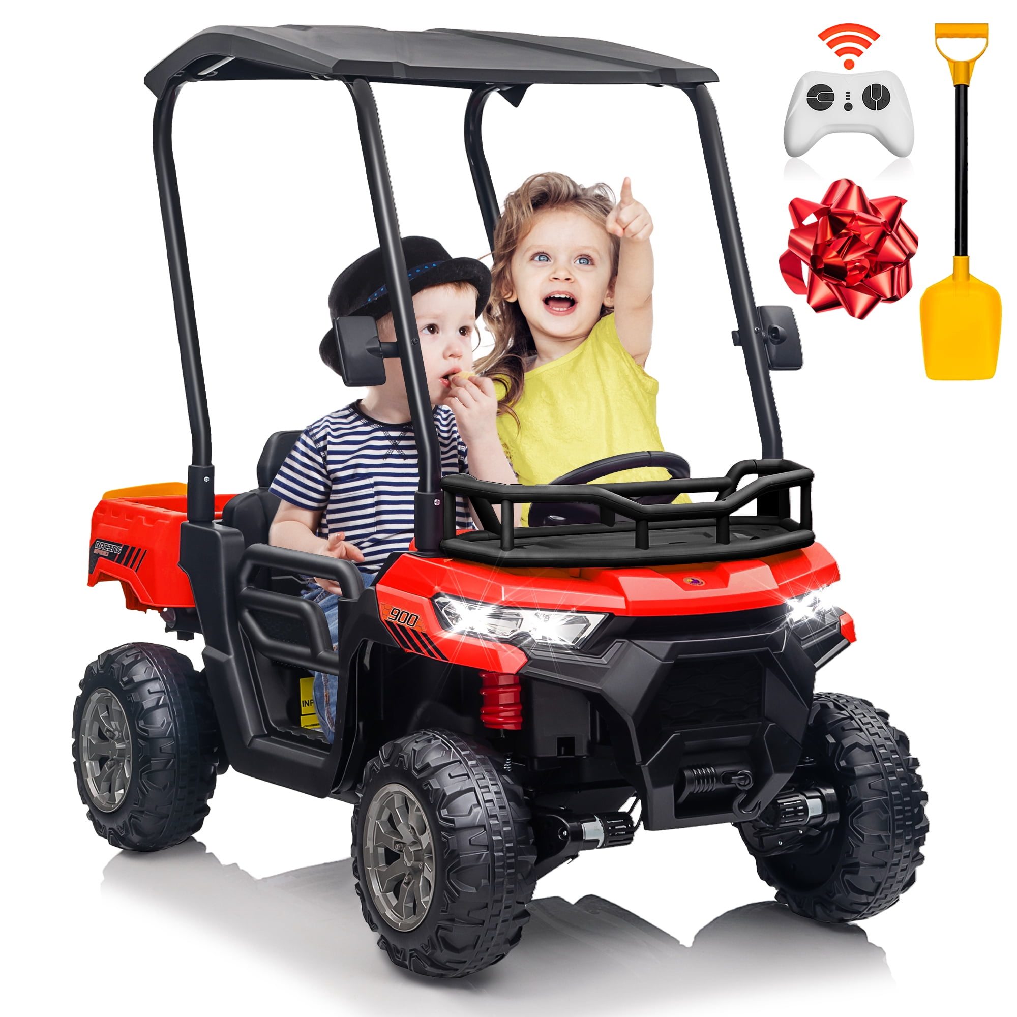 Joyracer 4WD 24 Volt Ride on Toys UTV with 2 Seater & Remote Control, Kids Electric Golf Cart w/ 4x200W Power Motors, Tiltable Trailer & Shovel, 4 Wheels Spring Suspension,Bluetooth USB Music, Red