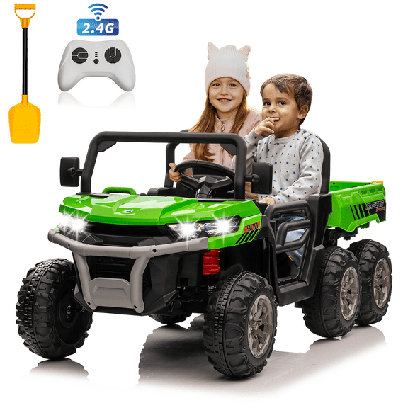 Joyracer 4WD 24 Volt Ride on Toys UTV with 2 Seater & Remote Control, Kids Electric Golf Cart w/ 4x200W Power Motors, Tiltable Trailer & Shovel, 4 Wheels Spring Suspension, Bluetooth USB Music, Green