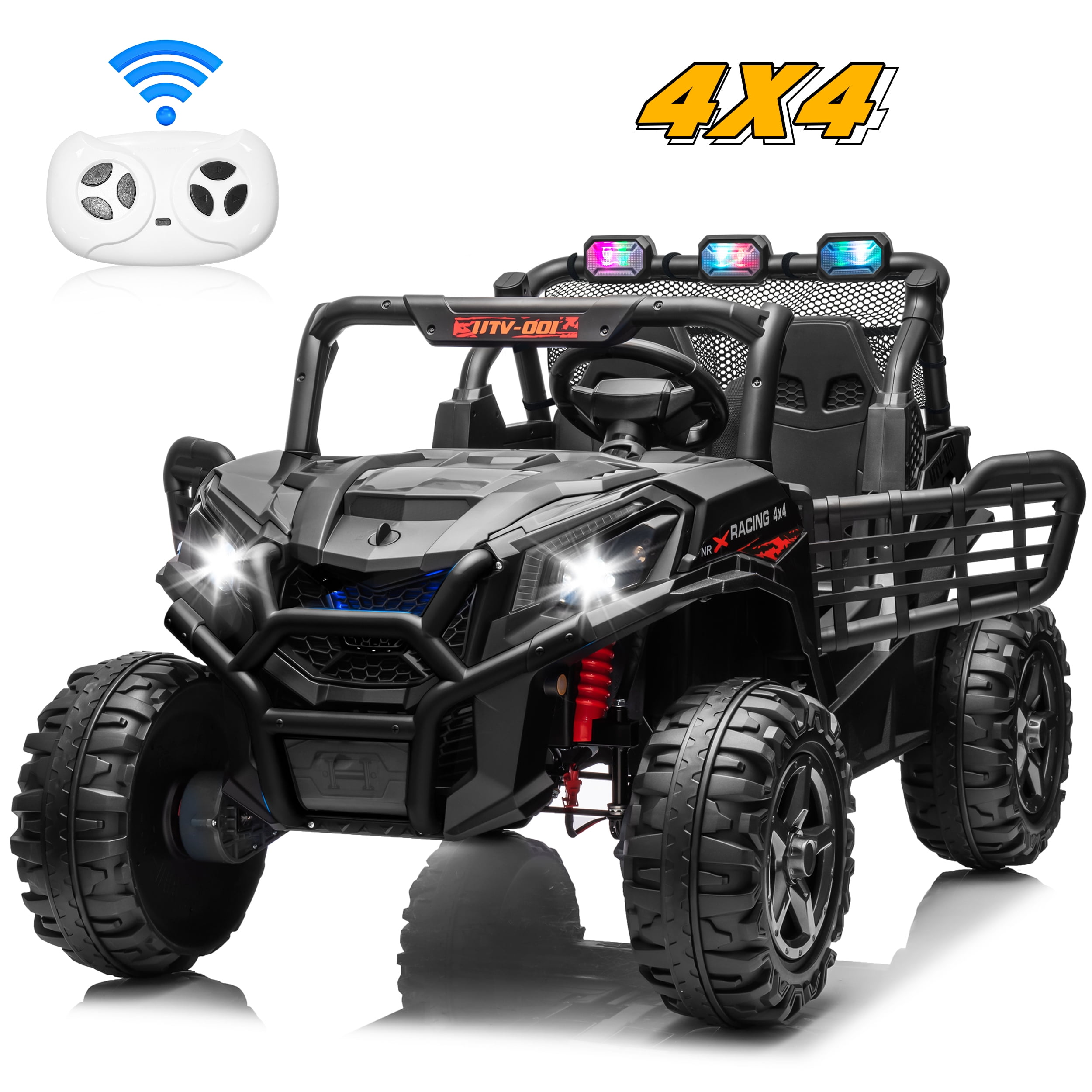 Joyracer 4WD 24V Ride on Toys Car w/ 2 XL Seater Remote Control, Electric UTV w/ 4*200W Motor, Power Car Wheels, LED Lights, Spring Suspension, 3 Speeds, Bluetooth Music, Black