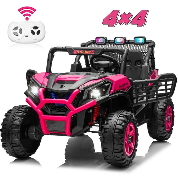 Joyracer 4WD 24V Ride on Toys Car w/ 2 XL Seater Remote Control, Electric UTV w/ 4*200W Motor, Power Car Wheels, LED Lights, Spring Suspension, 3 Speeds, Bluetooth Music, Pink