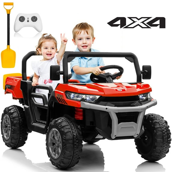 Joyracer 24 Volt Ride on Toys, 4WD Ride on Dump Truck for Kids, 2 Seater Ride on Car with Remote, Electric Power Car Wheels Toys with Trailer & Shovel, MP3/Bluetooth Music, Red