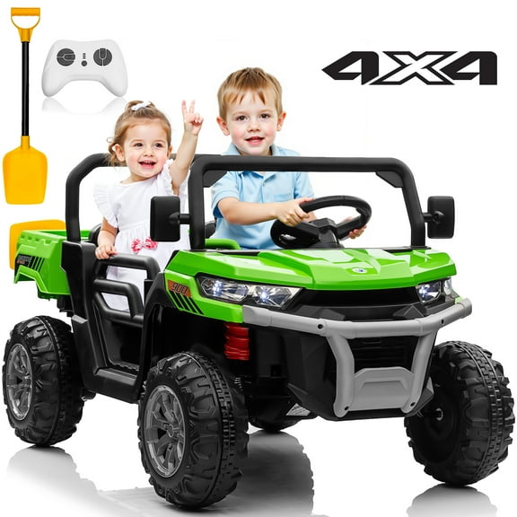 Joyracer 24 Volt Ride on Toys, 4WD Ride on Dump Truck for Kids, 2 Seater Ride on Car with Remote, Electric Power Car Wheels Toys with Trailer & Shovel, MP3/Bluetooth Music, Green
