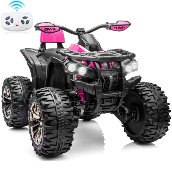 4WD 24V Ride ons ATV, Joyracer 4 Wheeler for Kids, Power Car Wheels with 4x200W Motor, Bluetooth/MP3, Horn, Music, LED for Big Kids Gift, Pink