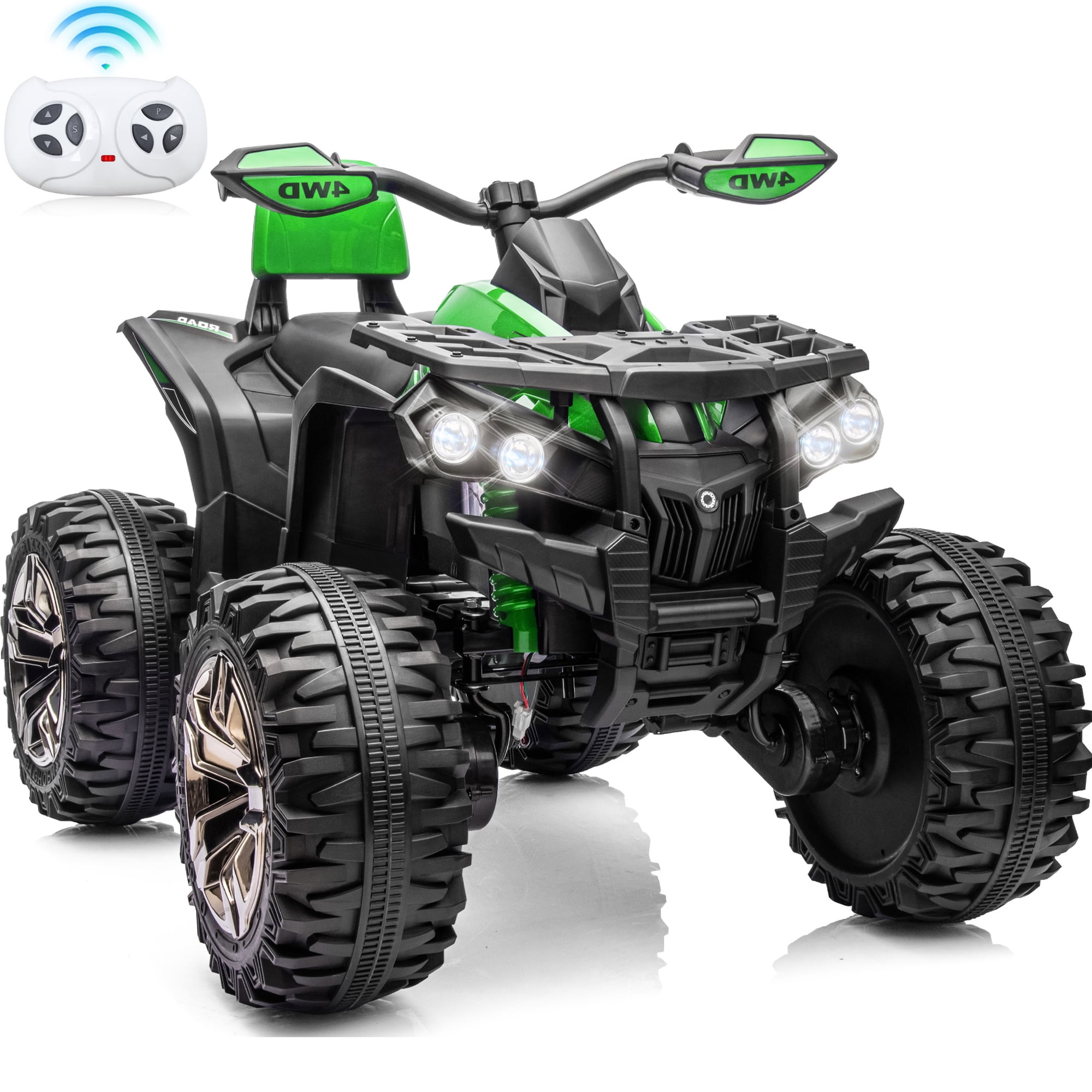 4WD 24 Volt Ride on Toys with Remote, Joyracer 4 Wheeler for Kids, Power Car Wheels, Toy Gift with Bluetooth Music, Horn, LED for Big Kids, Green