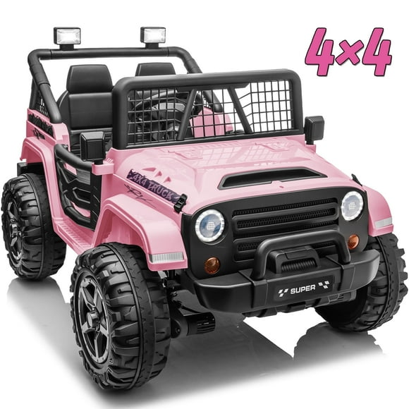 Joyracer 24 Volt Ride on Toys, 4WD/2WD Switchable Power Car Wheels Electric Car for Kids, 2 Seater Ride on Truck w/ Remote Control, 3 Speeds,  Spring Suspension, Bluetooth, Music, LED Lights, Pink