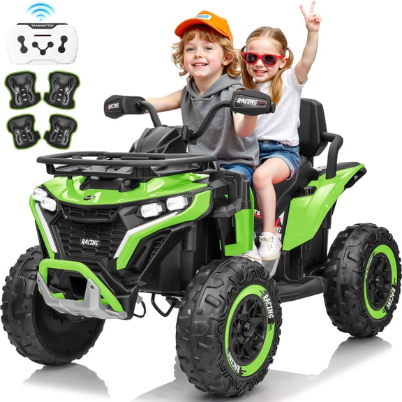 Joyracer ATV for Kids, 24 Volt Ride on Toys for Toddlers, 800W 4 Wheeler with 2 XL Seater, EVA Tires Power Car Wheels with Remote, Knee Pad, Music, Bluetooth, USB, Green