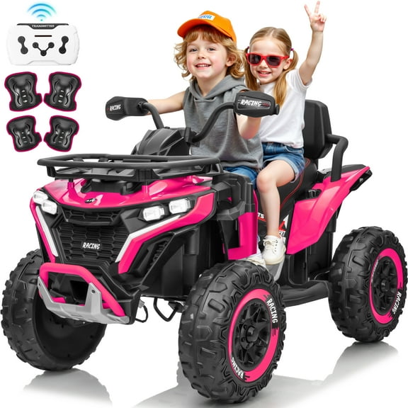 Joyracer ATV for Kids, 24 Volt Ride on Toys for Toddlers, 800W 4 Wheeler with 2 XL Seater, EVA Tires Power Car Wheels with Remote, Knee Pad, Music, Bluetooth, USB, Pink